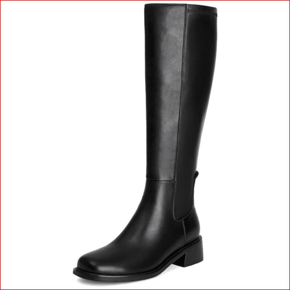 Faux Leather Knee High Boots Low Heel Square Toe Side Zipper